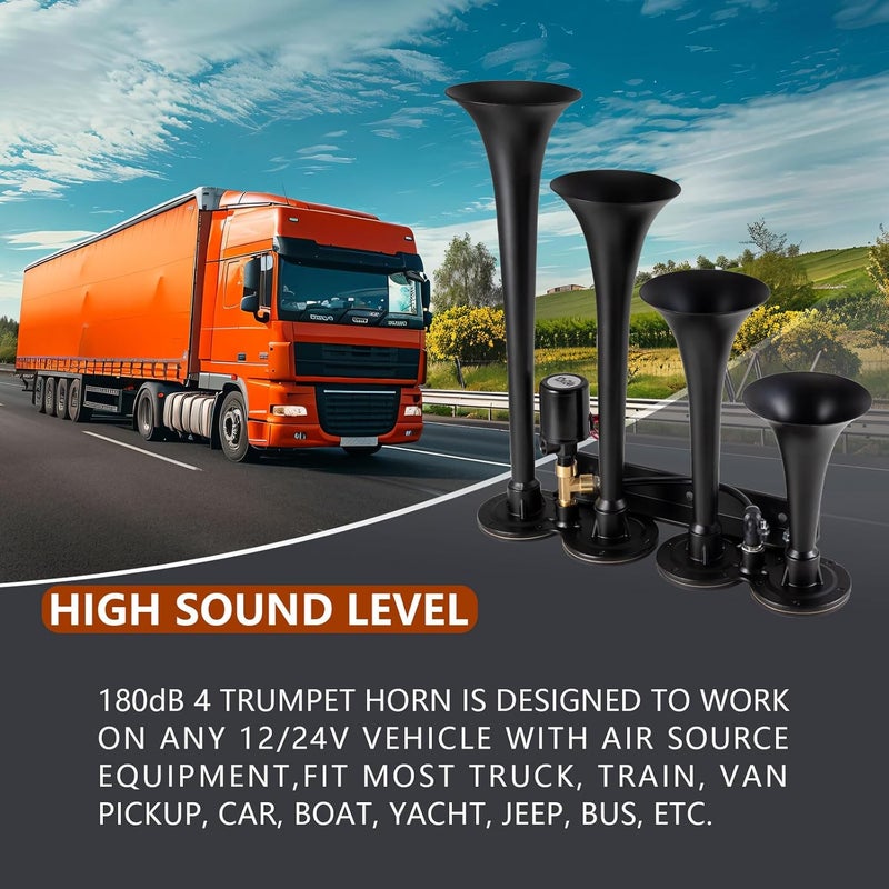 banhao Truck Air Horn 4 Trumpet Horns Train Horn Kit for Truck 12/24V 180 dB Super Loud Suitable for Pickup Motorhome SUV Trucks Train Boat(Parallel 4-Trumpet Black 12/24V) - Image 4
